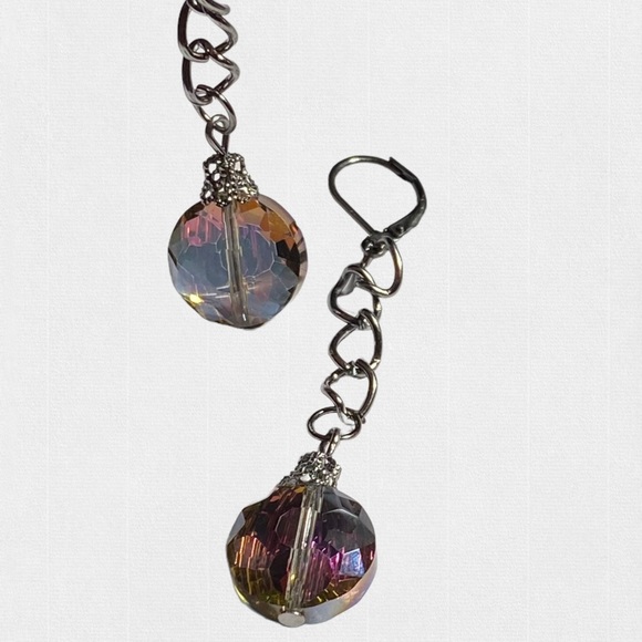 Hand Crafted Earrings Rainbow Long Dangle Faceted Glass Pierced Green Crystal - Picture 7 of 9